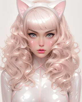 Woman with catlike features in white and pink shiny latex jumpsuit. An anime-inspired woman strikes a dramatic  pose, channeling feline grace and vibrant energy in a captivating action stance.