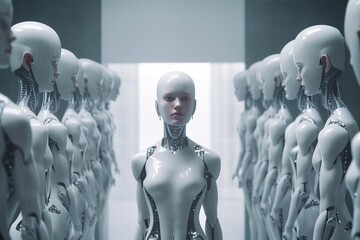 Obraz premium Cyborg woman standing between row of robots from both sides. Technology, AI, Humanoid robot and future concept.
