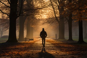 Fototapeta premium Jogger running through a park early in the morning - stock photography