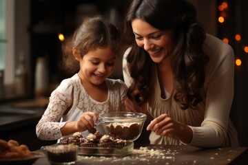 Mother and daughter baking a cake - stock photography