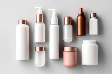 op view of different cosmetic bottles and container isolated on white background. Cosmetic package mockup set with clear design.