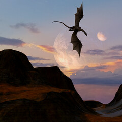 Illustration of a dragon soaring over terrain as night falls with a planet and moon in the background.