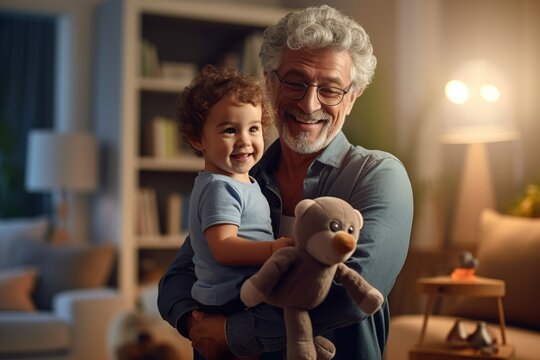 Happy grandfather holding his toddler grandson playing with toy while standing in living room at home.