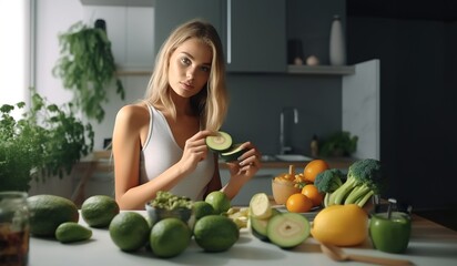 Beautiful young blonde woman preparing healthy food in the kitchen.