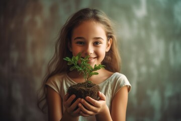 Portrait of little girl holding a sapling in her hands.