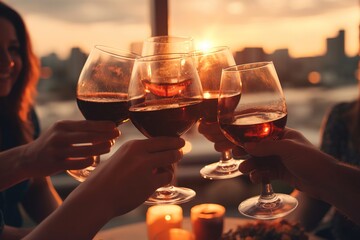 People hands holding glasses of wine, making a toast over sunset sky. - obrazy, fototapety, plakaty
