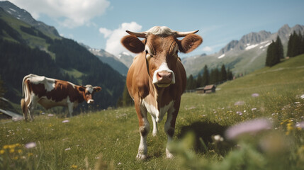 Fototapeta na wymiar Generative AI, cow against the backdrop of alpine mountains and meadows, farm animals, organic milk, green grass, pasture, sky