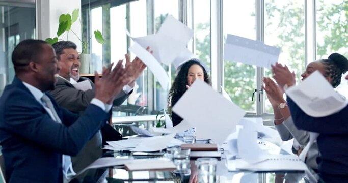 Business people, success and paper in air for meeting collaboration, teamwork and global company celebration. Smile, men and corporate finance women with applause, achievement and throwing documents