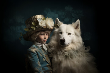 Fantasy portrait of a little boy and his pet wolf. Fairytales, pets, kids room decoration. AI generative, illustration.