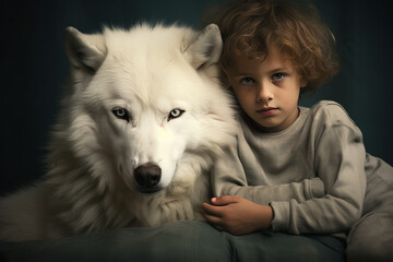 Fantasy portrait of a little boy and his pet wolf. Fairytales, pets, kids room decoration. AI generative, illustration.