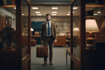 Businessman with suitcase standing in office.