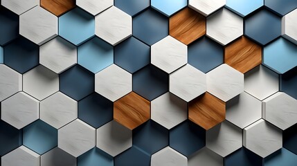 a white and wood wall with a pattern of gray hexagon tile, in the style of cubist fragmentation of form - obrazy, fototapety, plakaty