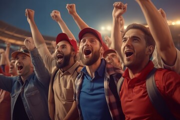 Excited football fans cheering a goal, supporting favorite players. Concept of sport, human emotions, entertainment.