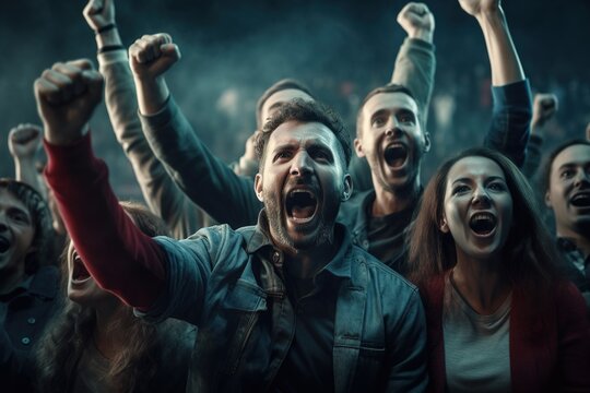 Excited football fans cheering a goal, supporting favorite players. Concept of sport, human emotions, entertainment.