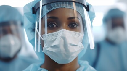 Close up of female nurse in protective facial mask and face shield with her colleagues in the background. - obrazy, fototapety, plakaty