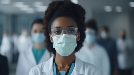 Close up of female nurse in protective facial mask with healthcare workers in the background. - Powered by Adobe