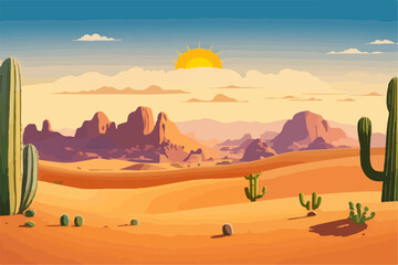 Cartoon desert landscape with cactus, hills, sun and mountains silhouettes, vector nature horizontal background. © graphicfest_x