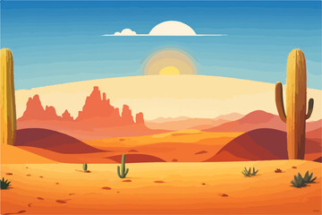 Fototapeta na wymiar Cartoon desert landscape with cactus, hills, sun and mountains silhouettes, vector nature horizontal background.