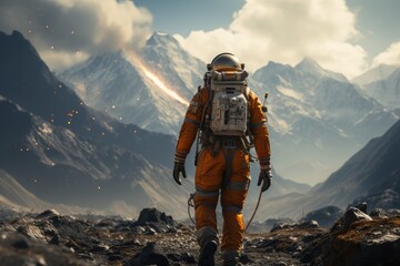 Obraz premium Astronaut in a futuristic space suit exploring an alien - stock photography