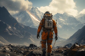 Astronaut in a futuristic space suit exploring an alien - stock photography