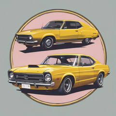 Yellow car illustration, detailed, pastel colors