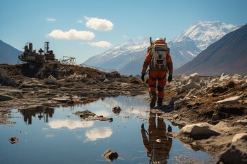 Astronaut in a futuristic space suit exploring an alien - stock photography