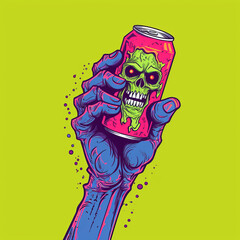 A hand holding a can of soda with a skull design - Colorful 2D Comic Art