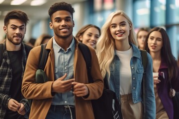 Fototapeta premium Group of multiracial students walking in university hall during break.