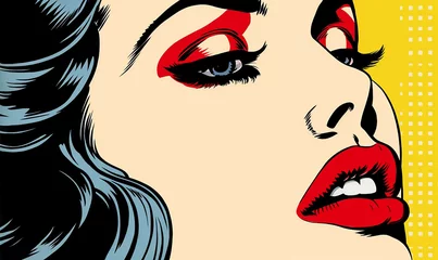 Gordijnen A woman with bold red lipstick in a vibrant and graphic pop art style © Unicorn Trainwreck