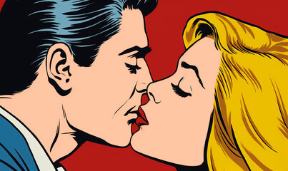 A colorful pop art style kiss between a man and a woman - obrazy, fototapety, plakaty