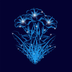 Flower bouquet silhouette, blue neon colors on dark blue backgroubd. Vector illustration.