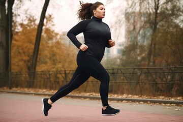 Plus-size plump woman running in fitness outfit in the park.