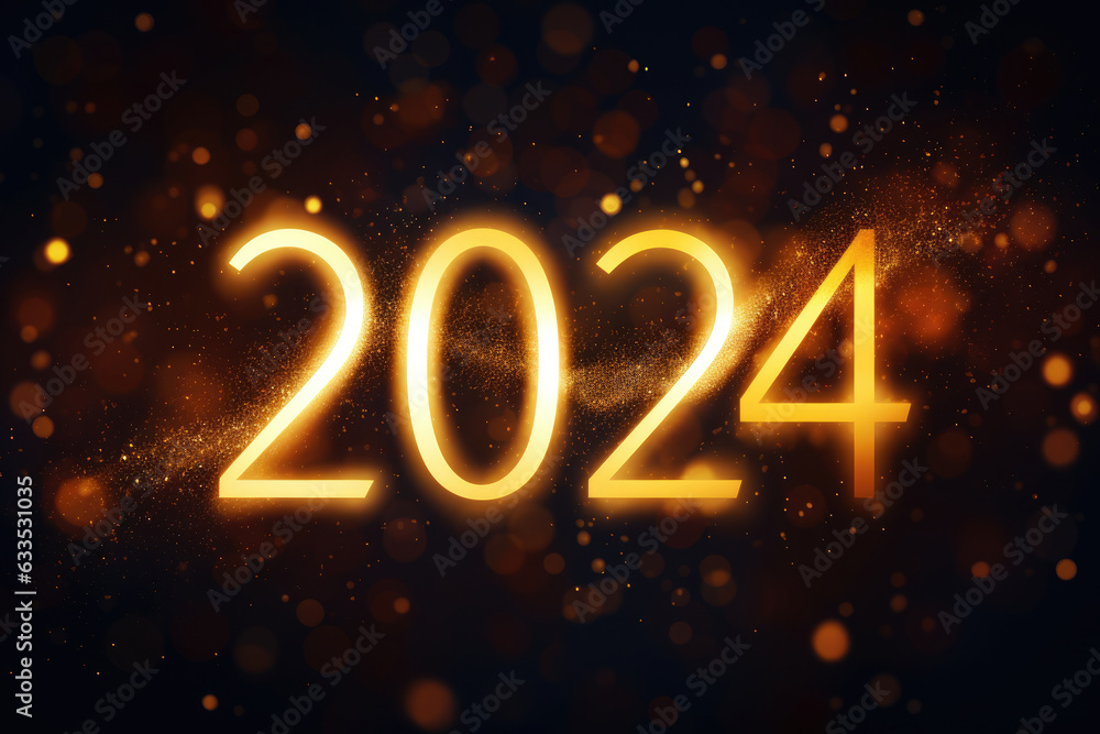 Poster dynamic image showcasing the numbers 2024 illuminated by vibrant lights against a modern backdrop. p