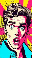 A man's surprised expression captured in vibrant pop art style