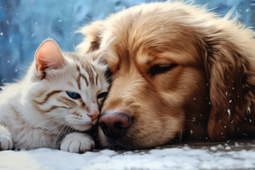 An endearing scene capturing a sleeping cat nestled next to a dog. Perfect for pet companionship, coziness, and heartwarming-themed visuals.