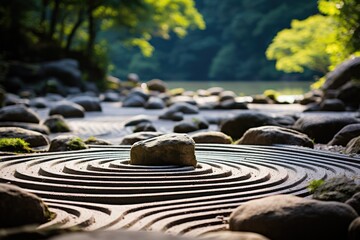 Fototapeta na wymiar Zen garden with rocks and sand patterns - stock photography