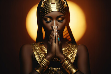 Plakat Beautiful black woman dressed in luxurious traditional golden African attire, captured in a moment of prayer. Ideal for cultural, elegance, and spirituality-themed projects.