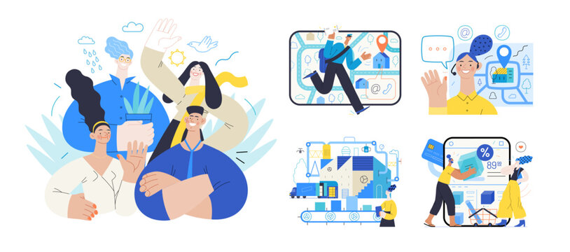 Memphis business illustration, company - modern outlined flat vector concept illustrations set, corporate Corporate Memphis style business metaphor