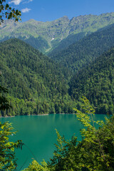 Fototapeta na wymiar Turquoise beautiful lake Ritsa among the hilly shores with green hills and a space to copy in Abkhazia on a sunny summer day