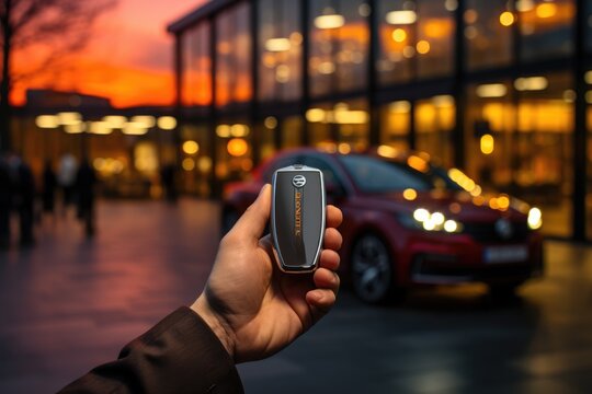 Hand holding a modern car key with remote functions - stock photography
