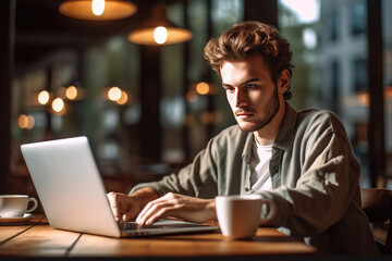 Young man working on laptop, boy freelancer or student with computer in cafe at table, Generative AI