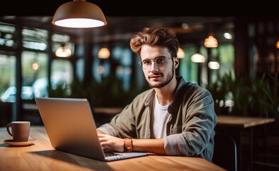 Young man working on laptop, boy freelancer or student with computer in cafe at table, Generative AI