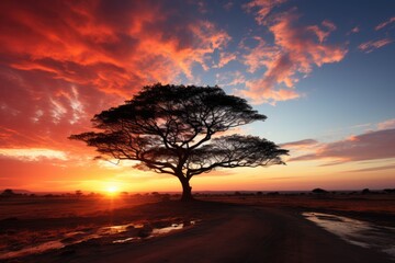 Fototapeta na wymiar Silhouette of a lone tree against a colorful sunset sky - stock photography