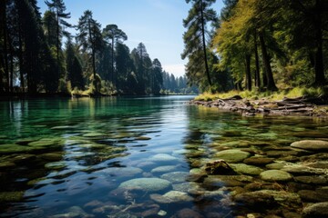 Tranquil lake surrounded by trees - stock photography