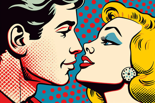 A colorful pop art style kiss between a man and a woman