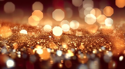 Copper, coffee brown blurred bokeh abstract background. Glitter lights and sparkle. Blurred soft vintage seamless card, banner.
