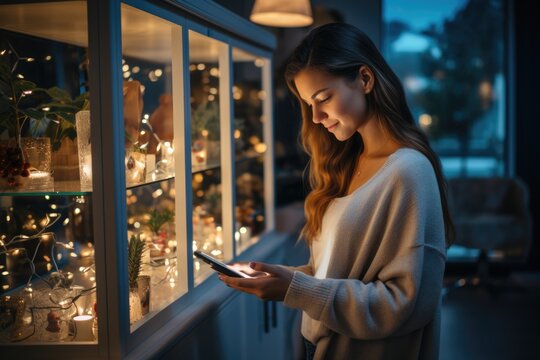 Woman using a smart home device to control lighting - stock photography