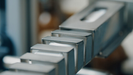 Many white plastic bottle caps falling from conveyor belt. Factory - production line - close up. Automated industrial equipment. Manufacturing, recycling, industry, technology equipment concept