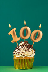 Birthday candle number 100 - Vertical anniversary card with green background