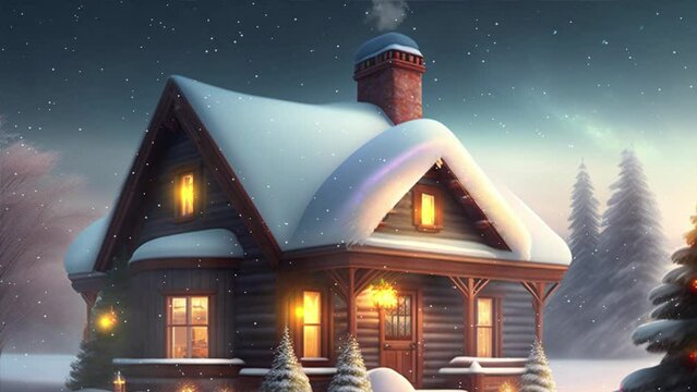 Festive 3D animation for Xmas or New Year holidays rendered in 4K, Solitary snowbound half-timbered rustic house decorated for Christmas among snow-covered fir tree forest at snowfall winter night. 
